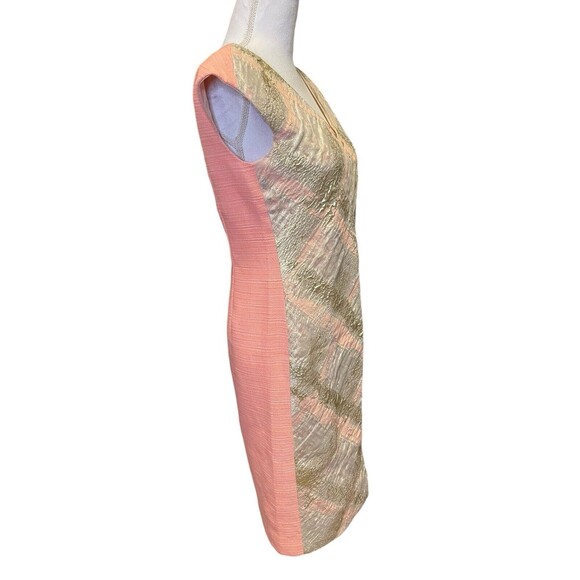 Magid Bernard Sheath Dress Peach Tweed Gold Metallic V-neck Cap Sleeve S/M a24 - Picture 2 of 7